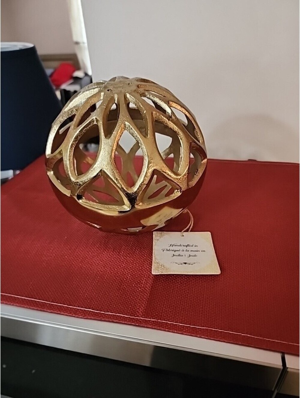 HANDCRAFTED UNIQUE GOLD COLORED ORB FROM INDIA 8 1/2 TALL BEAUTIFUL SHINY  DECOR
